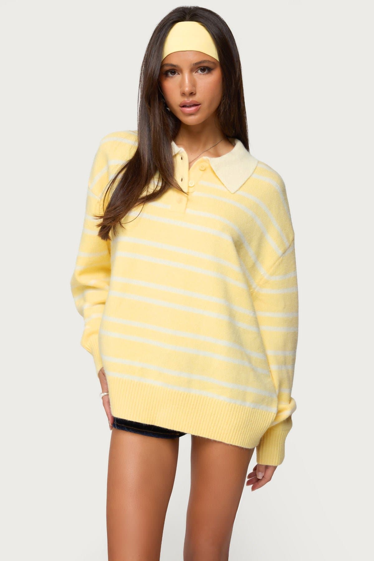Rilynn Striped Polo Sweater - Oversized Knit Rugby Shirt in Acrylic Polyester Nylon