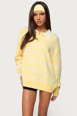 Rilynn Striped Polo Sweater - Oversized Knit Rugby Shirt in Acrylic Polyester Nylon