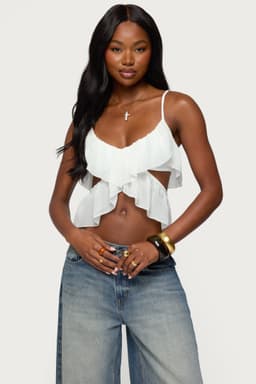 Sheer Chiffon Ruffled Cut Out Top with Adjustable Straps