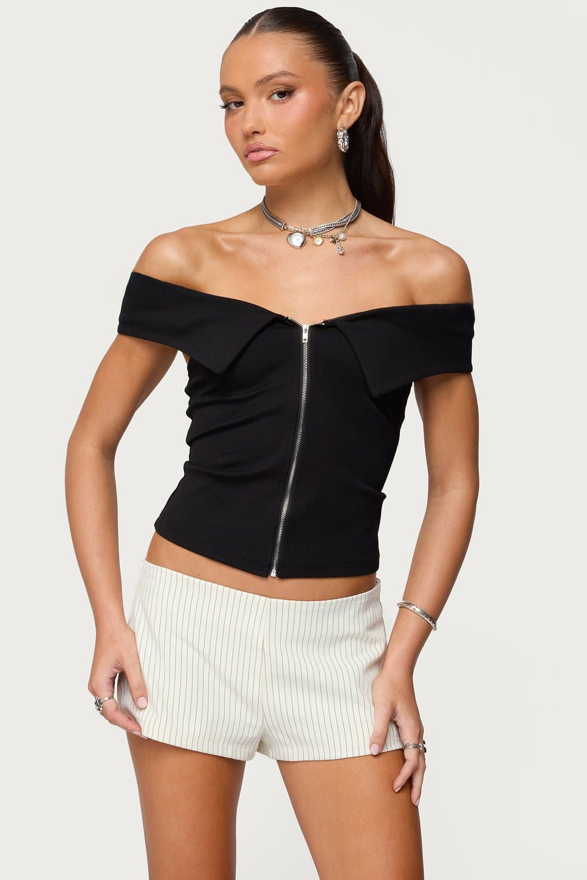Collared Off-Shoulder Zip-Up Top in Rayon Nylon Spandex