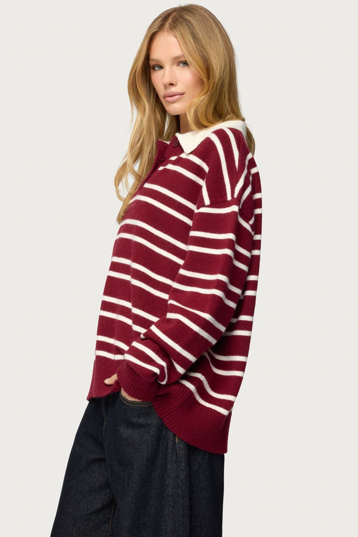 Rilynn Striped Polo Sweater - Oversized Knit Rugby Shirt in Acrylic Polyester Nylon