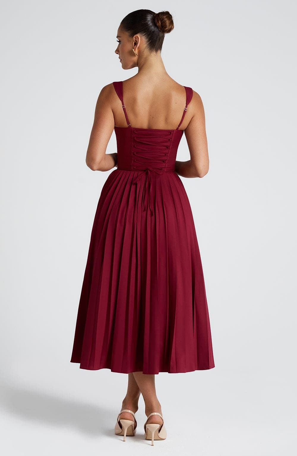 Natassia Midi Dress - Berry - Polyester Viscose Poplin, Boned Bodice, Lace-Up Back