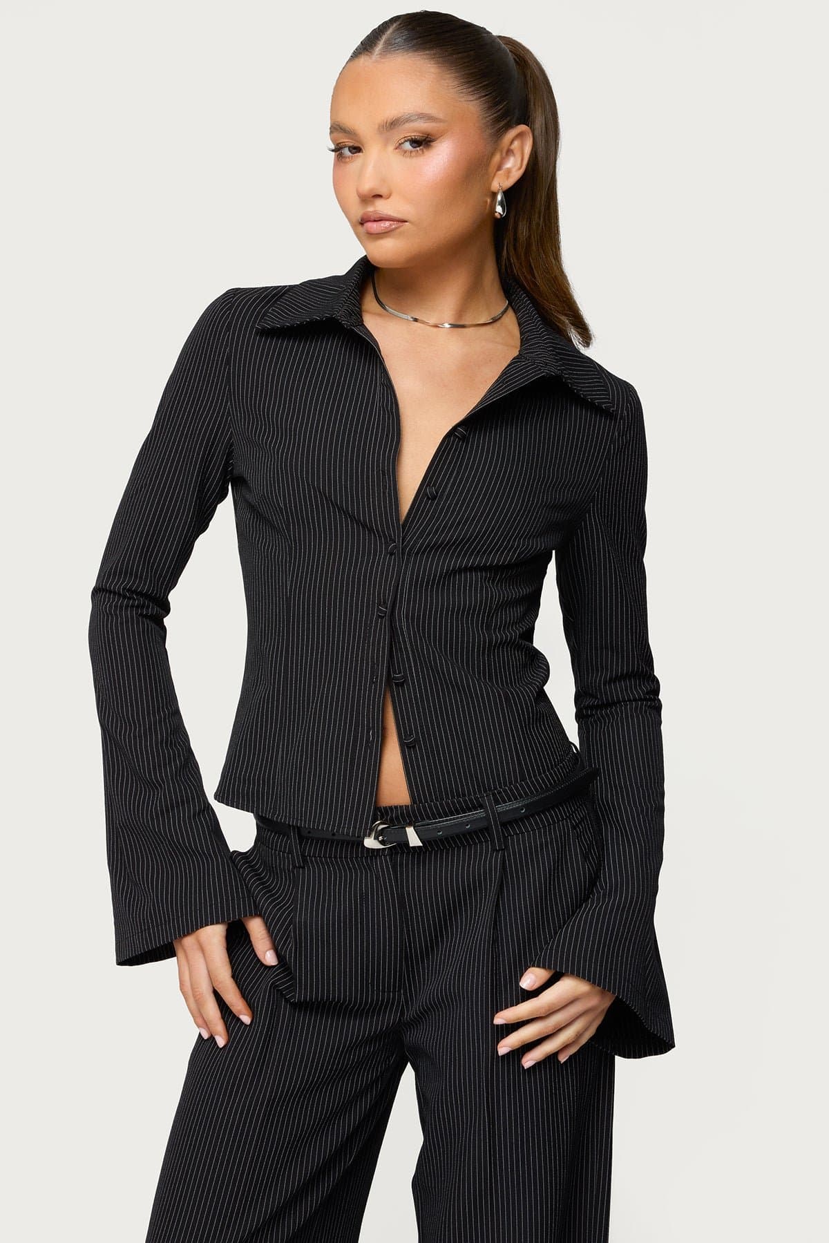 Pinstripe Tailored Button Up Shirt Long Sleeve Polyester Rayon Spandex