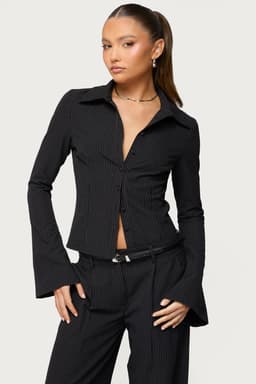 Pinstripe Tailored Button Up Shirt Long Sleeve Polyester Rayon Spandex