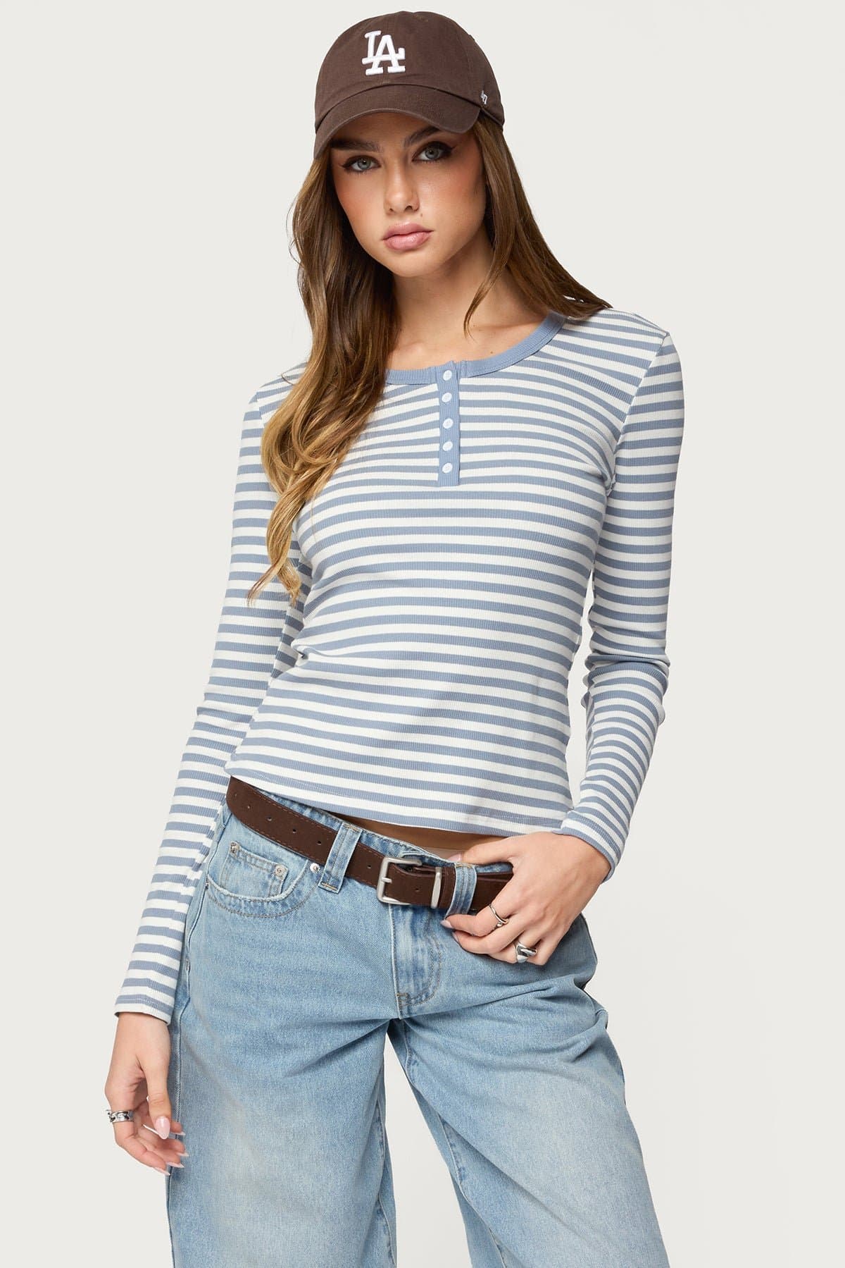 Roma Striped Henley Top - Long Sleeve Cotton Spandex with Contrast Trim