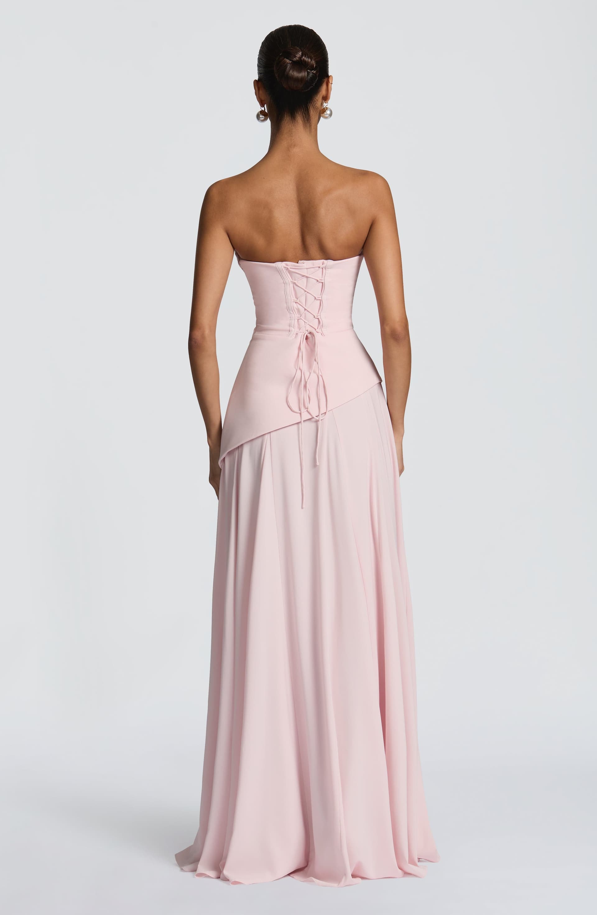Patricia Maxi Dress - Blush Chiffon with Lace-Up Back, Scooped Neckline