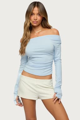 Milane Ruched Off Shoulder Ribbed Top - Long Sleeve Rayon Spandex