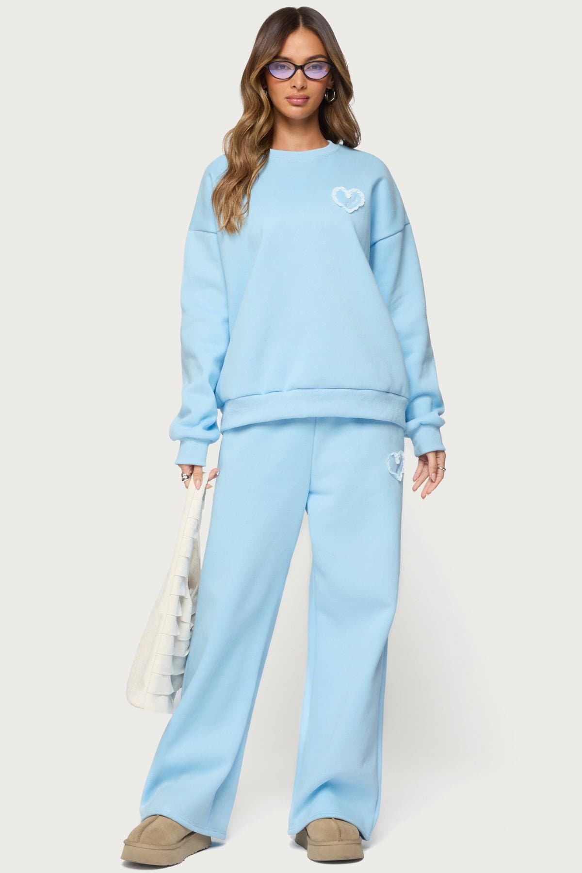 Love Edikted Wide Leg Sweatpants with Lace Heart Patch & Embroidered Text