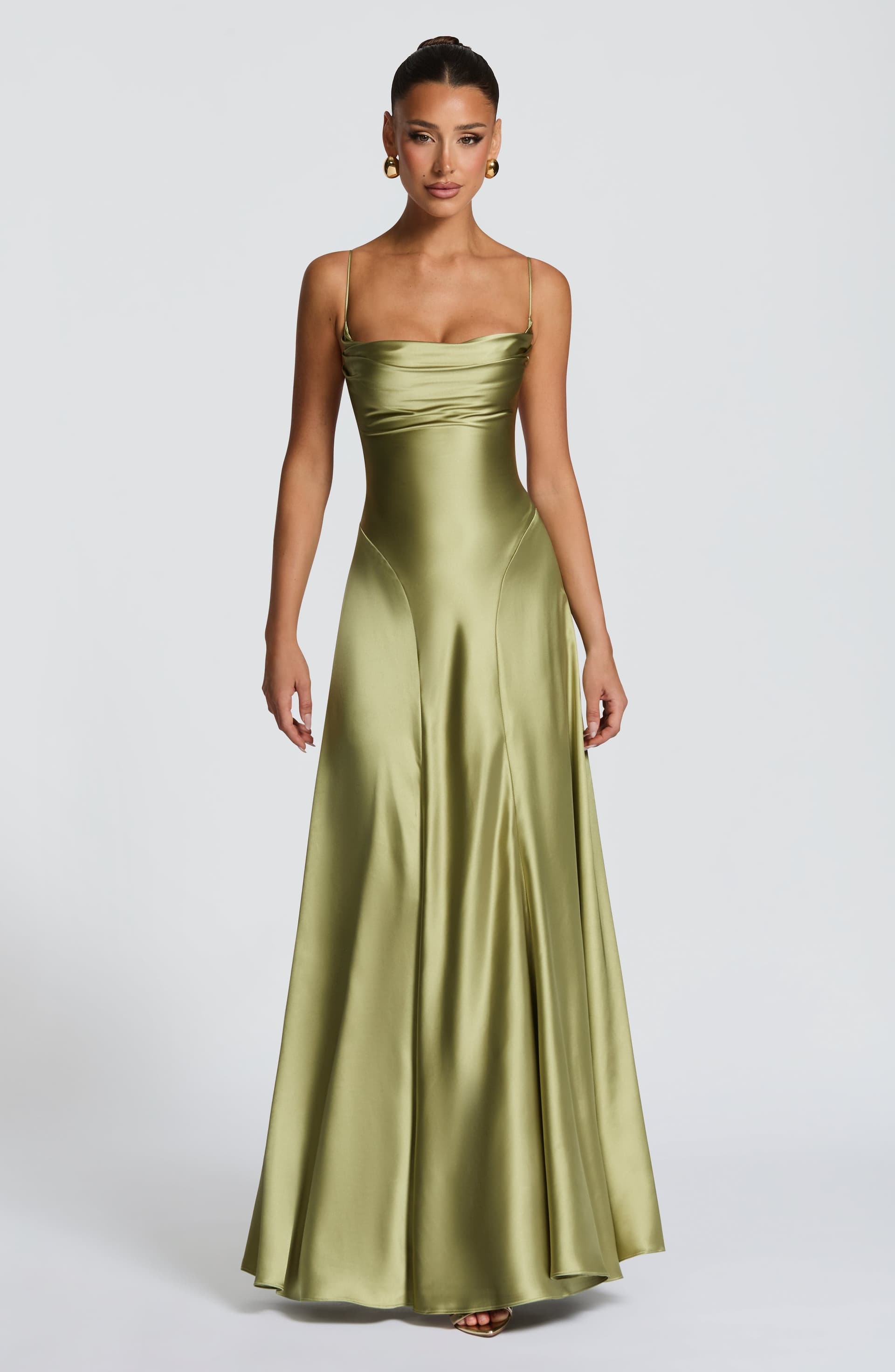 Adelina Maxi Dress Light Olive Satin Cowl Neck Lace-Up Back
