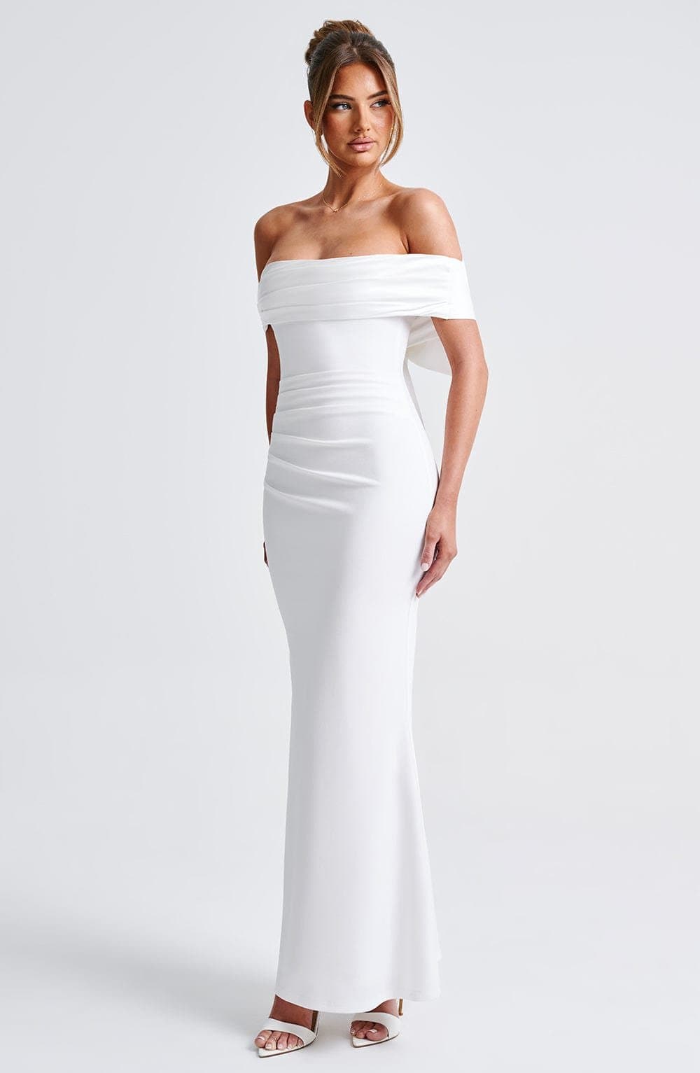 Joanna Maxi Dress in Ivory - Stretch Crepe Fit and Flare with Bardot Neckline