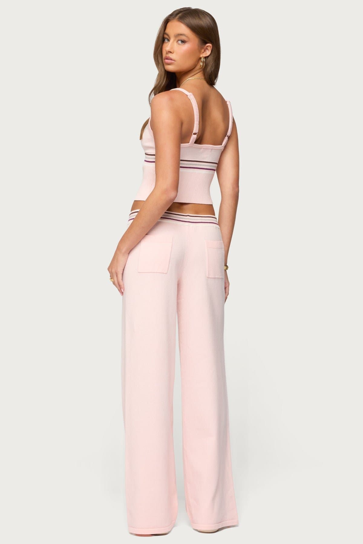 Miya Striped Ribbed Knit Tank Top - Adjustable Straps, V-Neck, Rayon Polyester Nylon