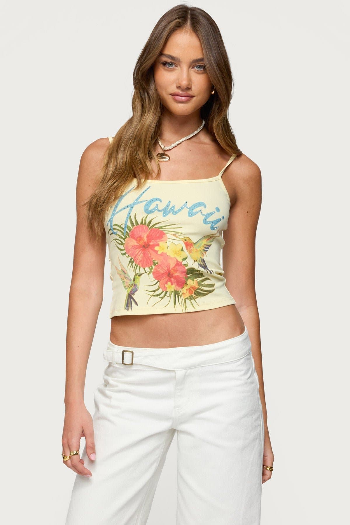 Hawaii Babe Tank Top with Tropical Flowers Print, Adjustable Straps, Cotton Spandex
