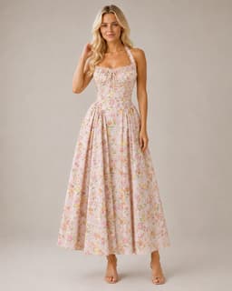 Women's Pink Floral Halter Midi Dress – Scallop Sweetheart Neck Ruched Tie Front Smocked Bodice Full A-Line Maxi Sundress