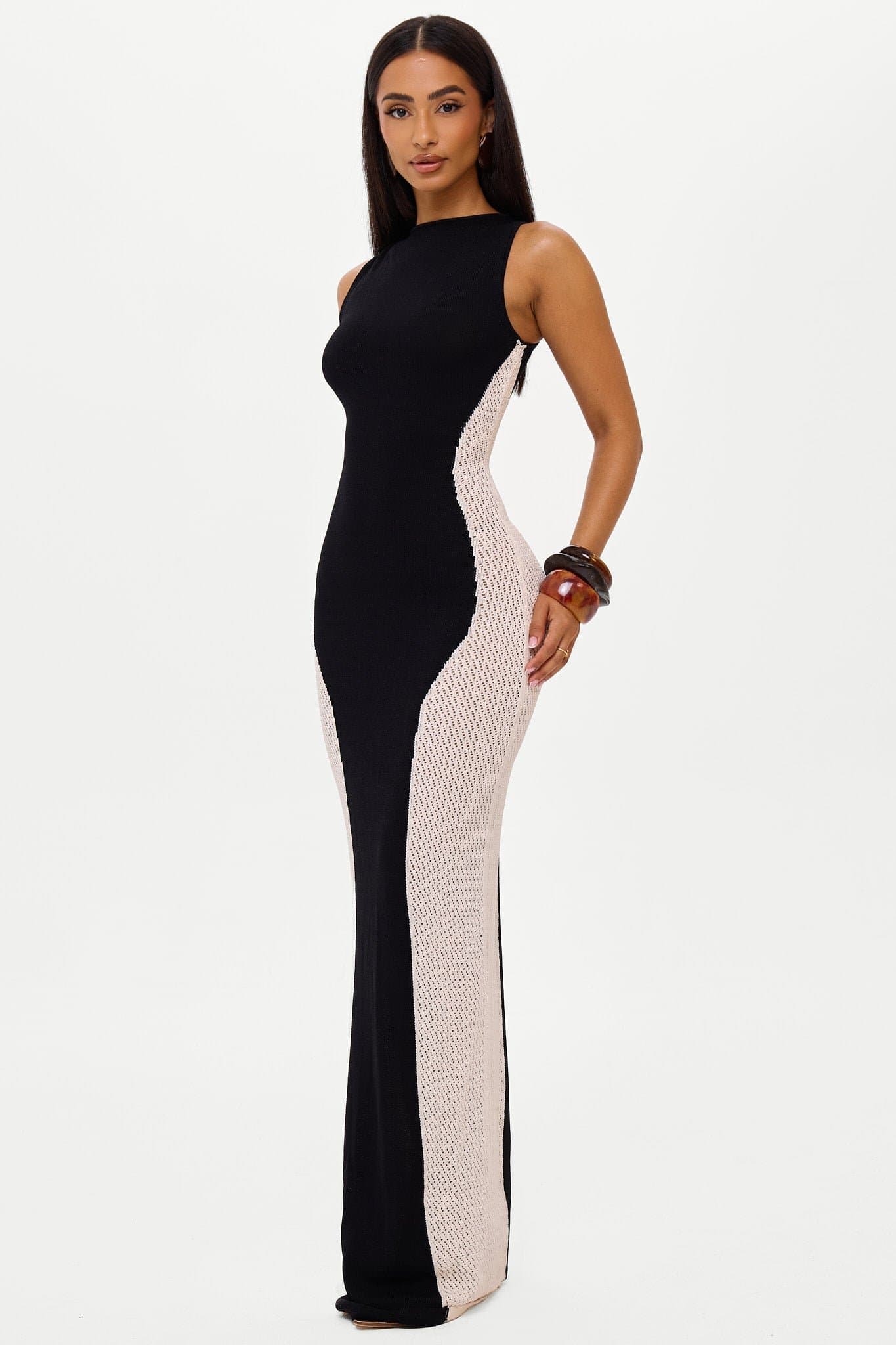 NYX Knitted Maxi Bodycon Dress Slash Neck Off-White Side Panels UK Size 8