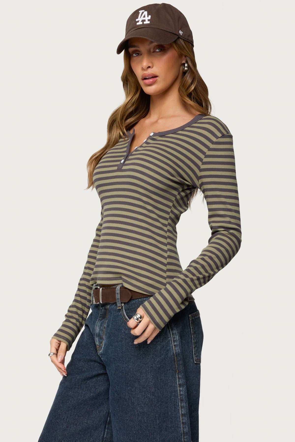 Roma Striped Henley Top Long Sleeve Cotton Spandex Women's Shirt