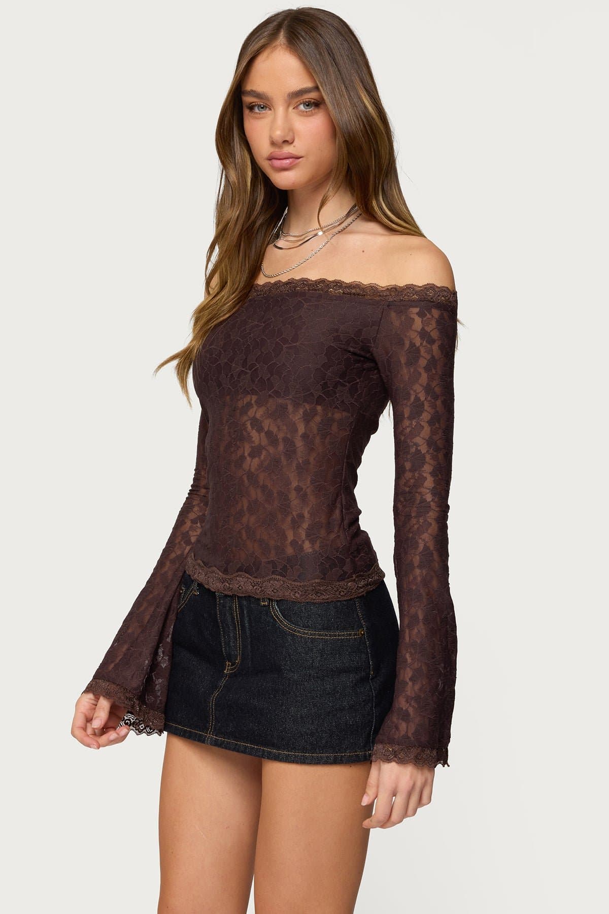Off Shoulder Lace Top with Built-in Bra - Long Flared Sleeves, Scalloped Trim