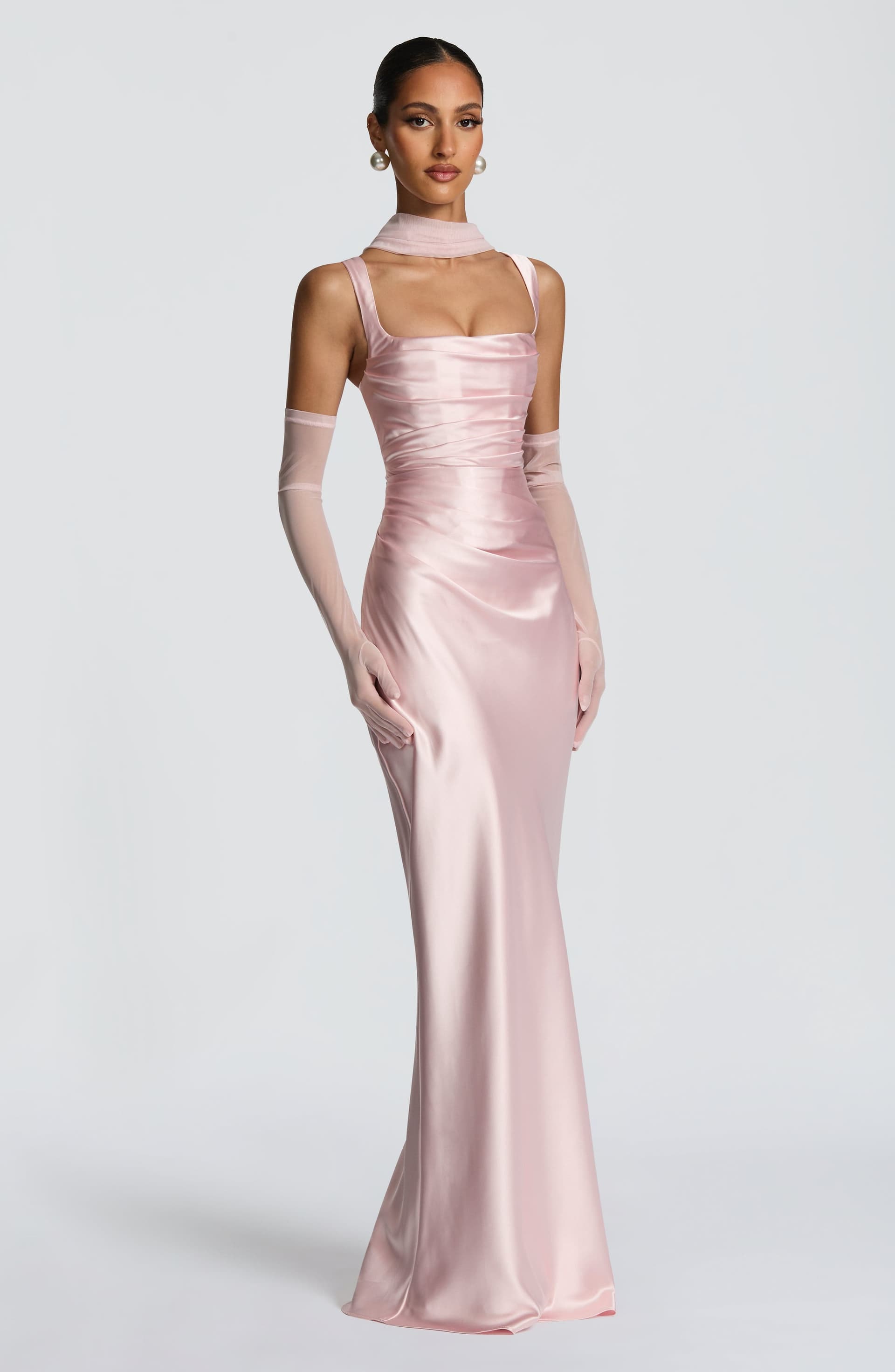 Calanthe Maxi Dress - Blush Satin Square Neckline Lace-Up Back