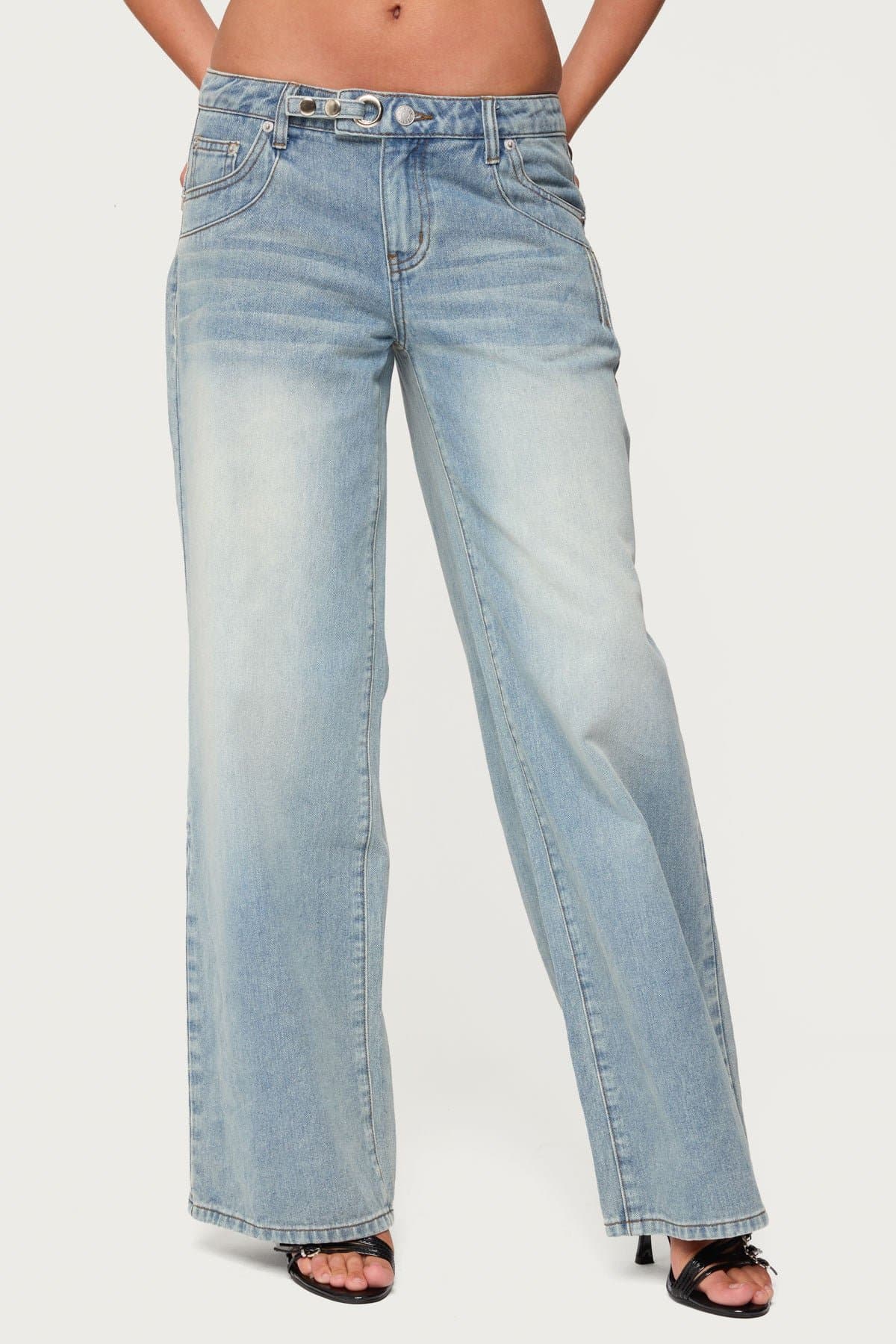 Celia Washed Low Rise Baggy Jeans 100% Cotton Belt Grommet Detail