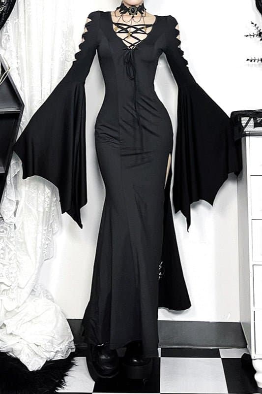 Witch Style Gothic Maxi Dress - High Waist V-Neck Batwing Sleeve Polyester Spandex
