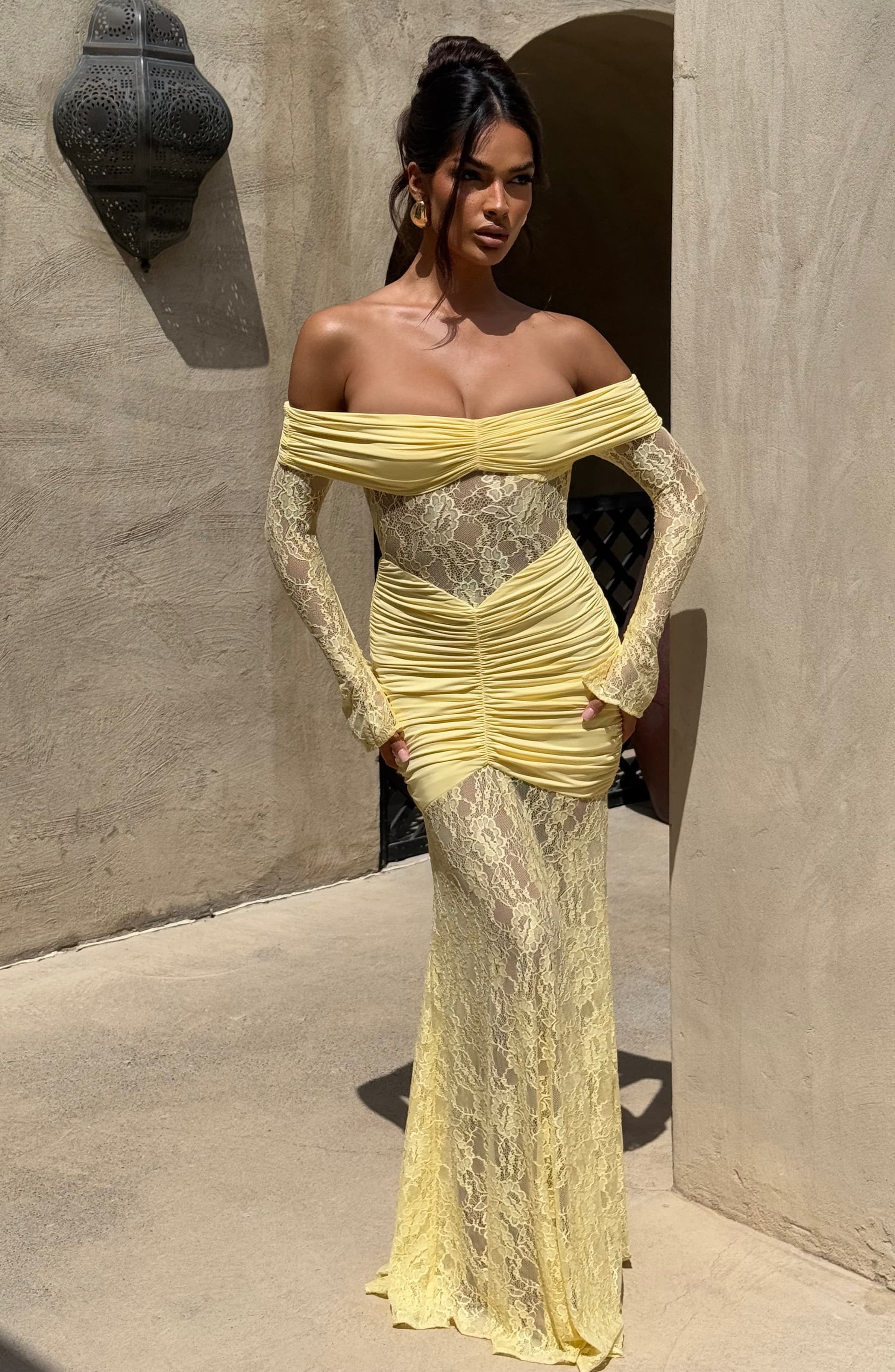 Sauline Maxi Dress in Lemon - Stretch Jersey Floral Lace Long Sleeve