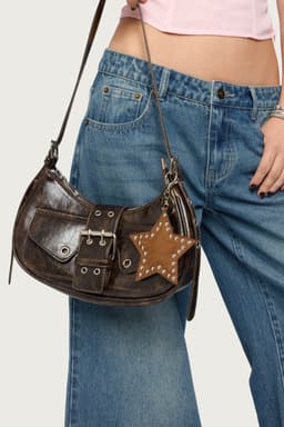 Stargazing Studded Faux Suede Charm Star Design, Polyester Silver Tone Metal 4.1in