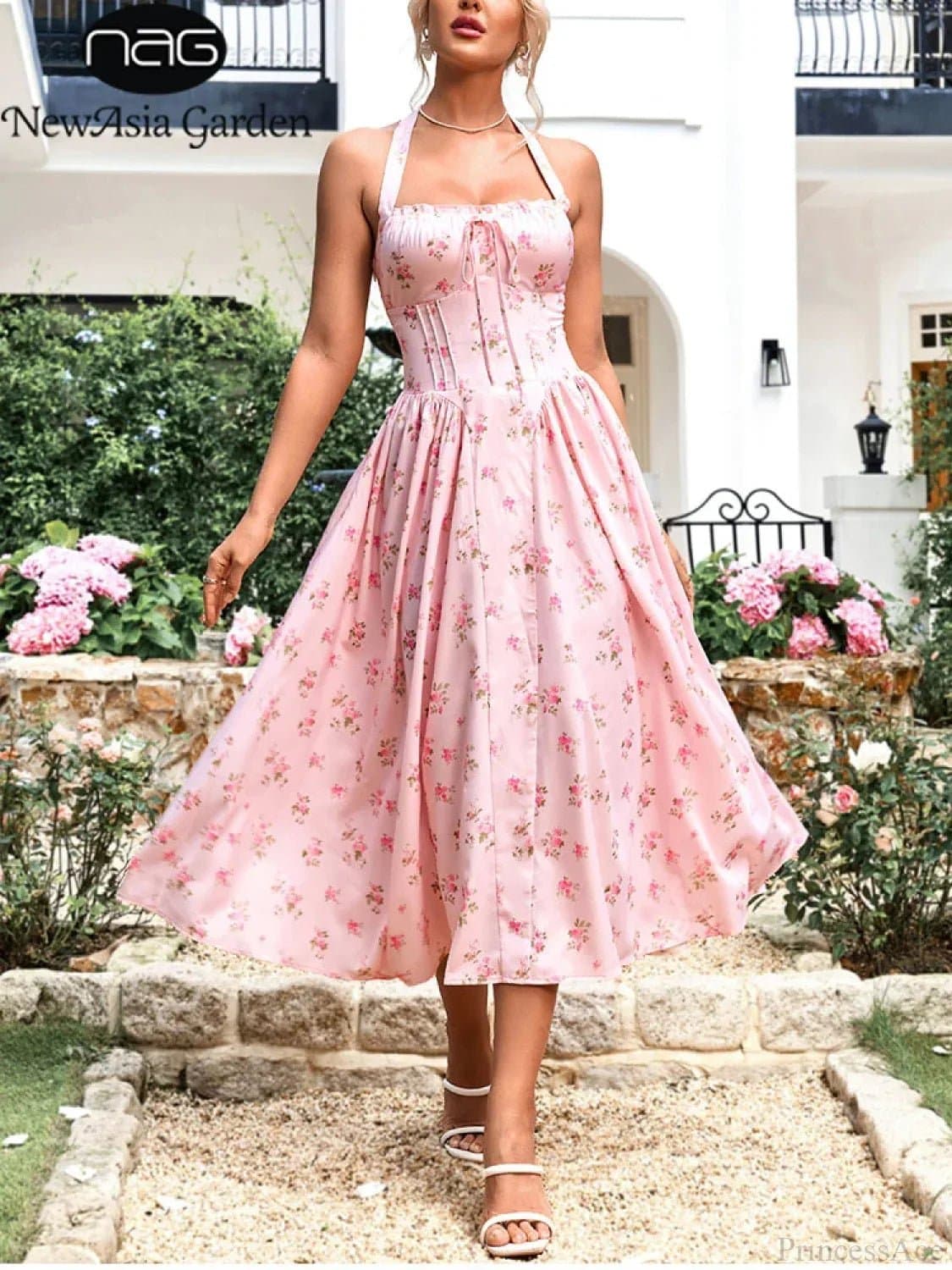 Halter Backless Floral Print Pink Midi Dress - Polyester A-Line