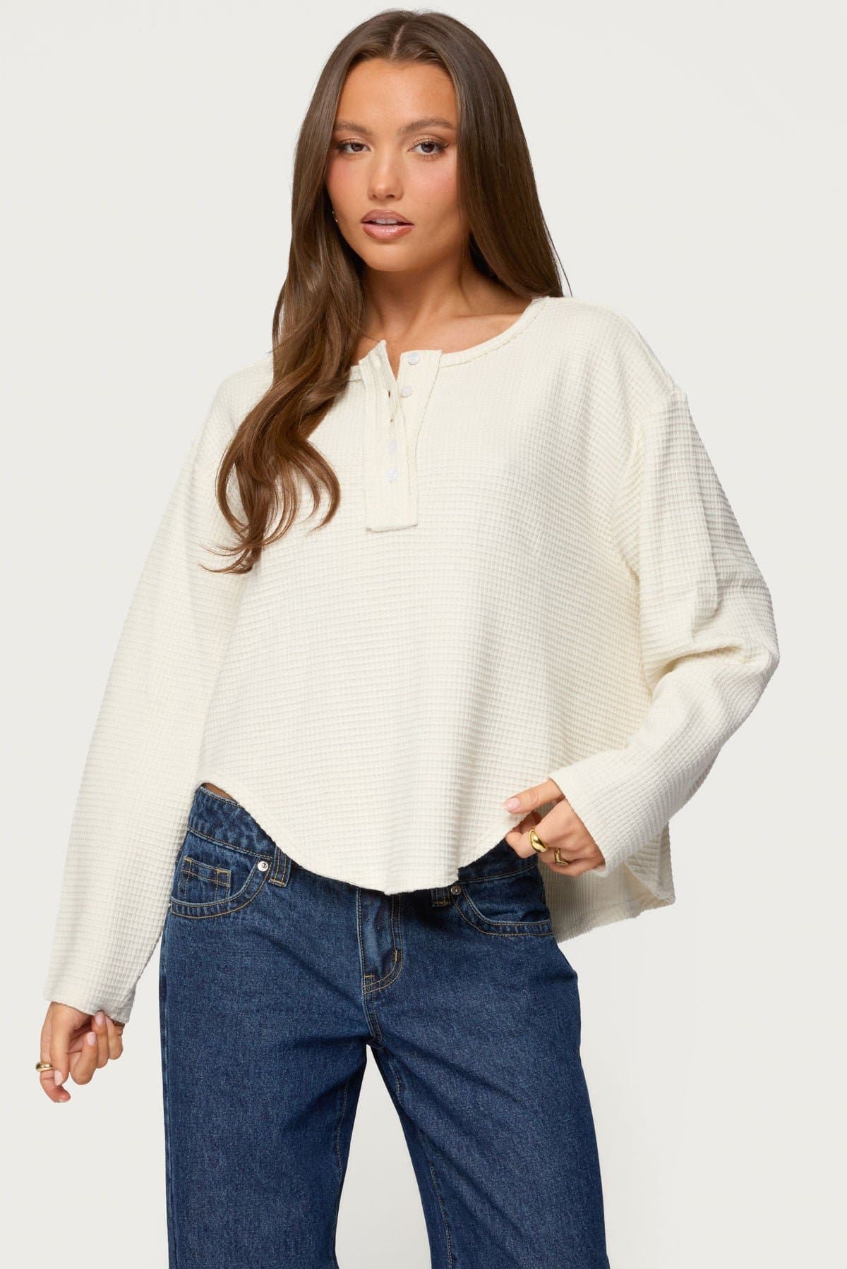 Alisia Oversized Waffle Henley Top - Long Sleeve Rayon Polyester Blend