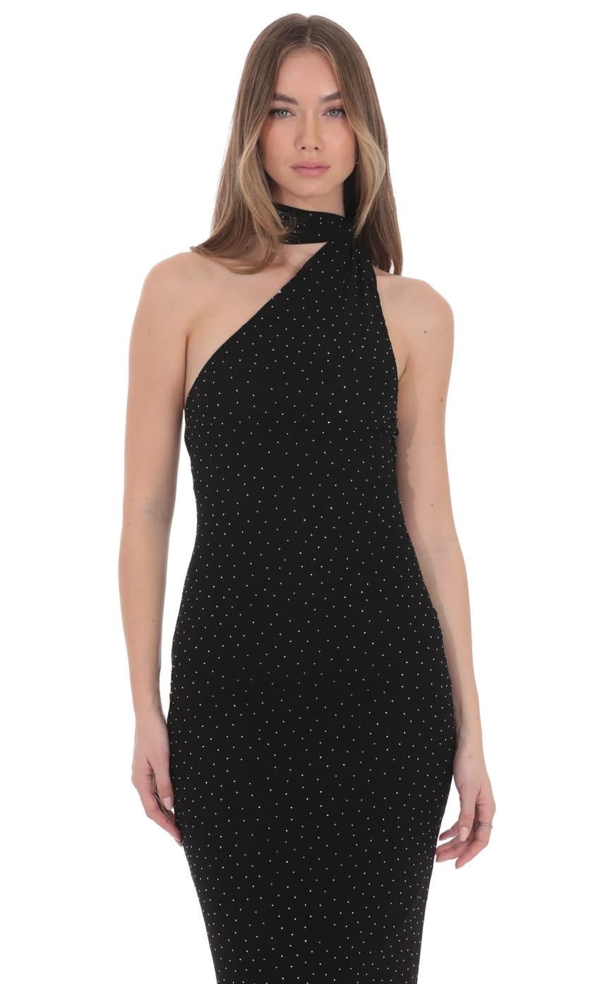 Scarf Ribbed Rhinestone Maxi Dress in Black