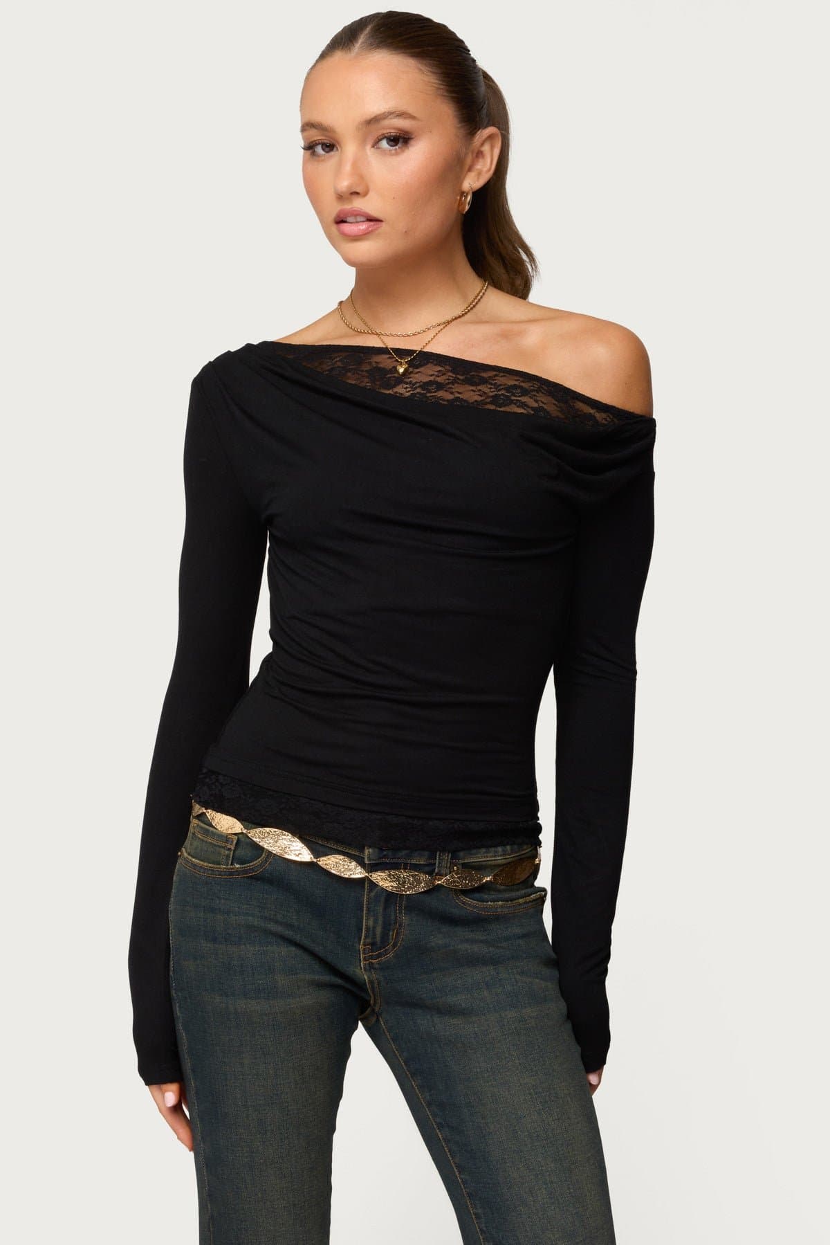 Layered Lacey Off Shoulder Long Sleeve Top - Rayon Spandex