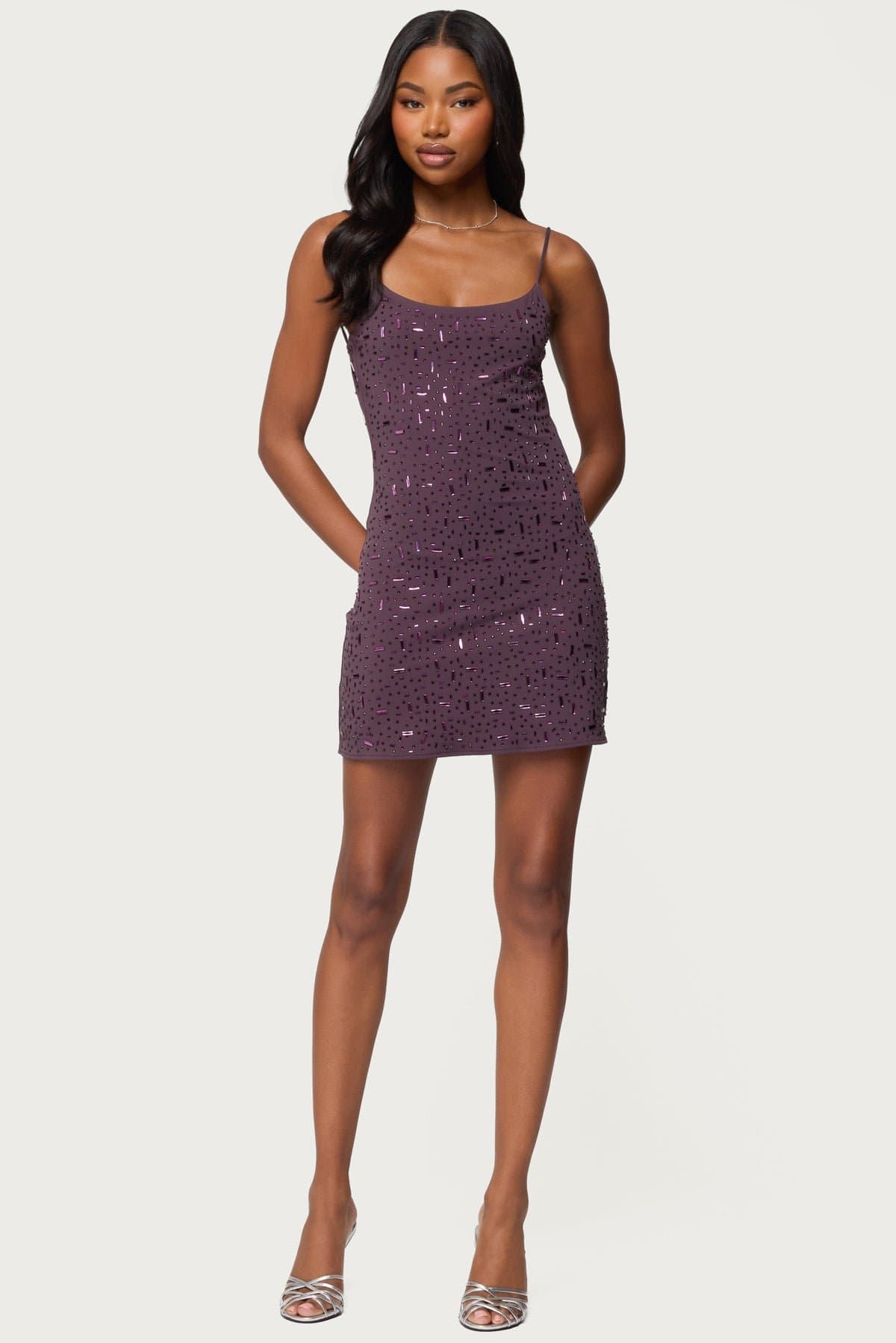 Stefanie Rhinestone Backless Mini Dress - Nylon Spandex Open Back