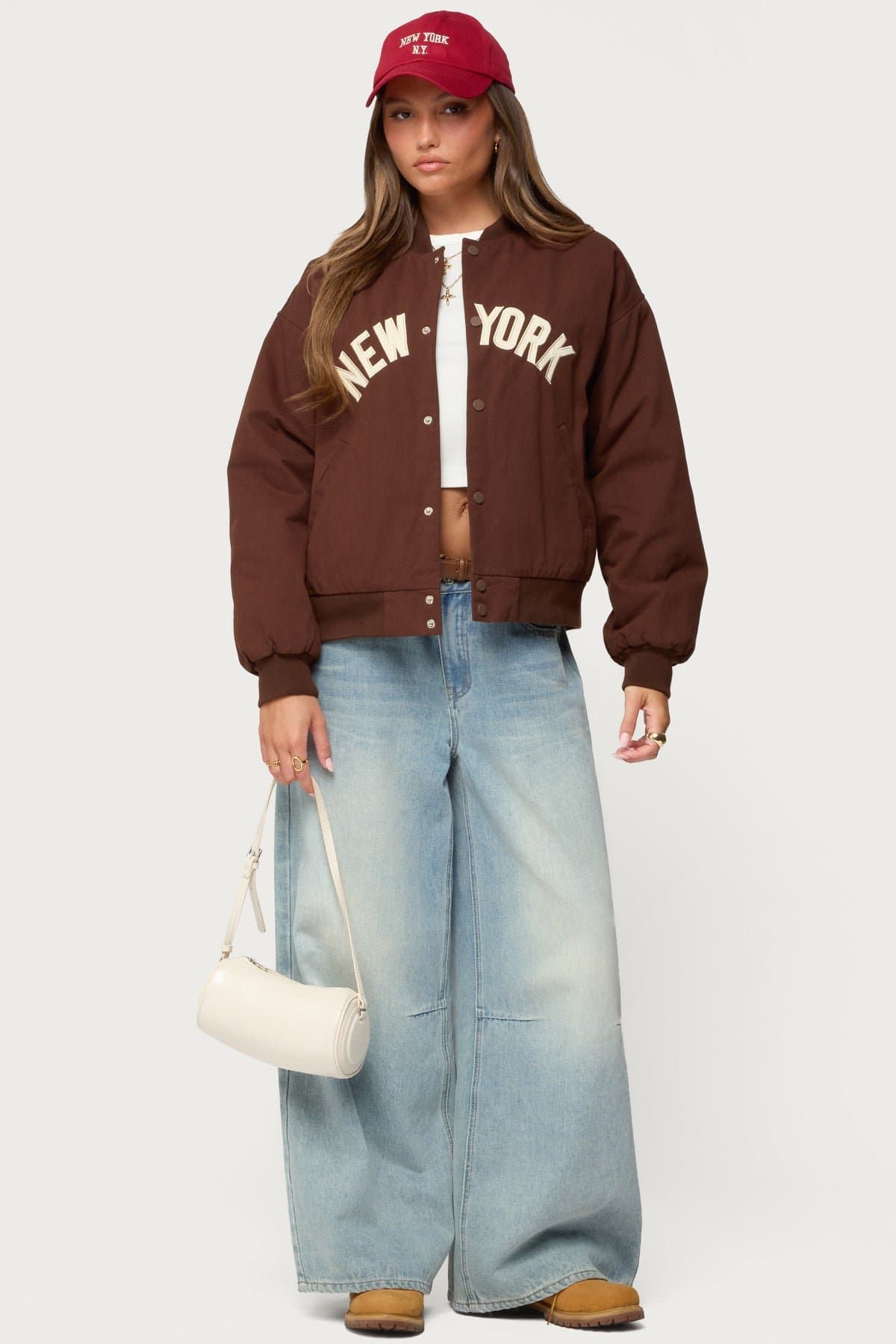 Big Apple Oversized Bomber Jacket 100% Cotton Embroidered Text Snap Buttons