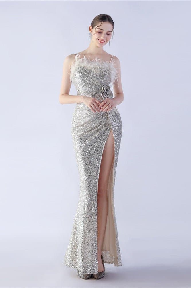 Ostrich Feather Embellished V-Neck Sleeveless Maxi Dress