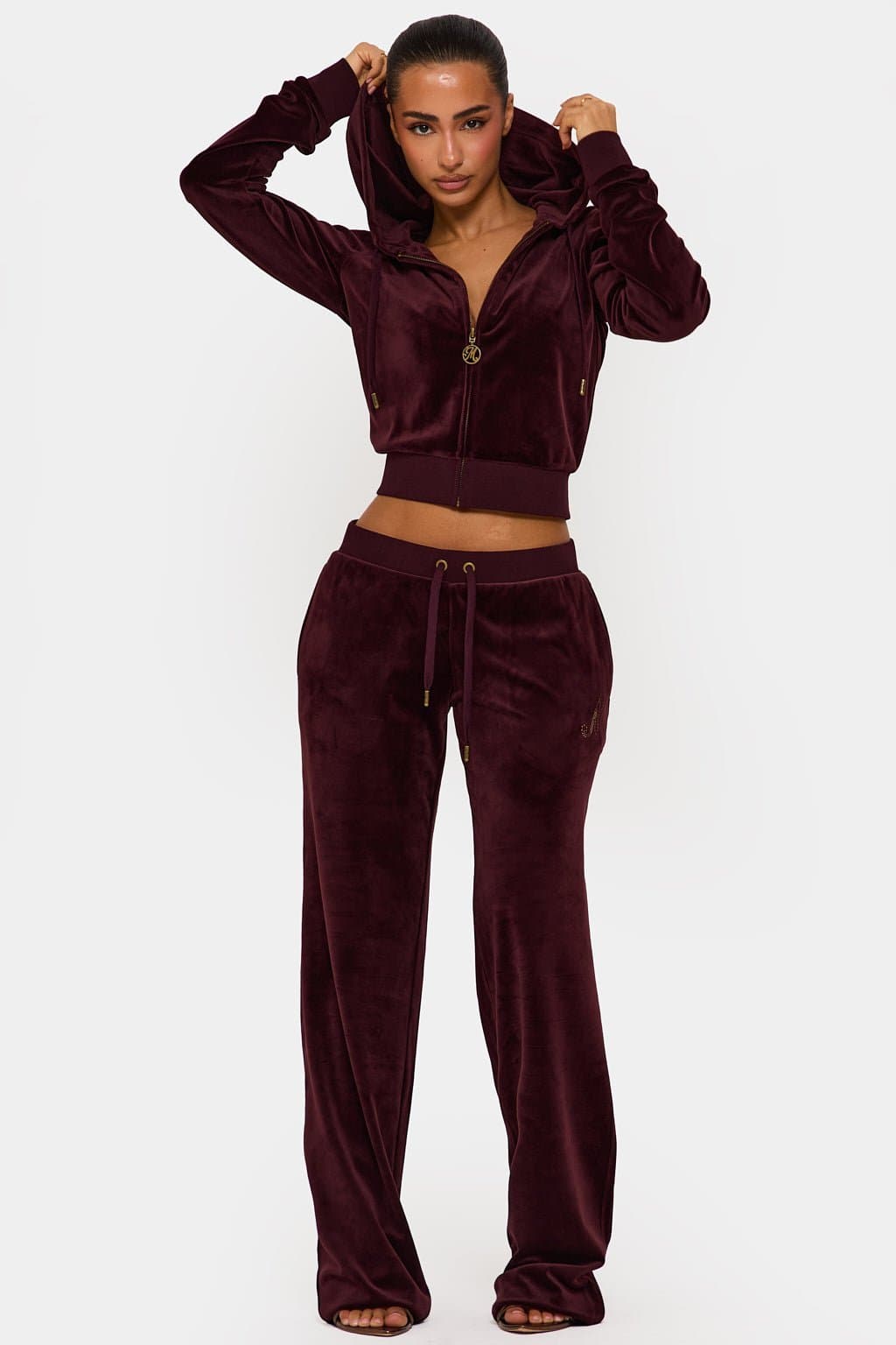 Wine Velour Plush Jogger Pants with MM Hotfix Studs - 95% Polyester 300GSM