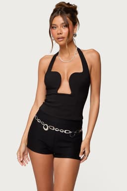 Stassy Abstract Cutout Halter Top - Polyester Spandex Back Zip Closure