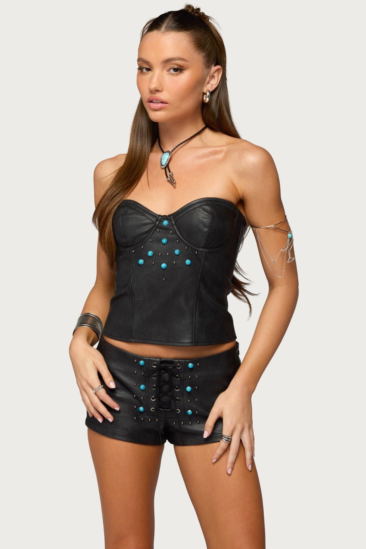Jessica Cupped Faux Leather Strapless Top with Sweetheart Neckline and Stud Detailing