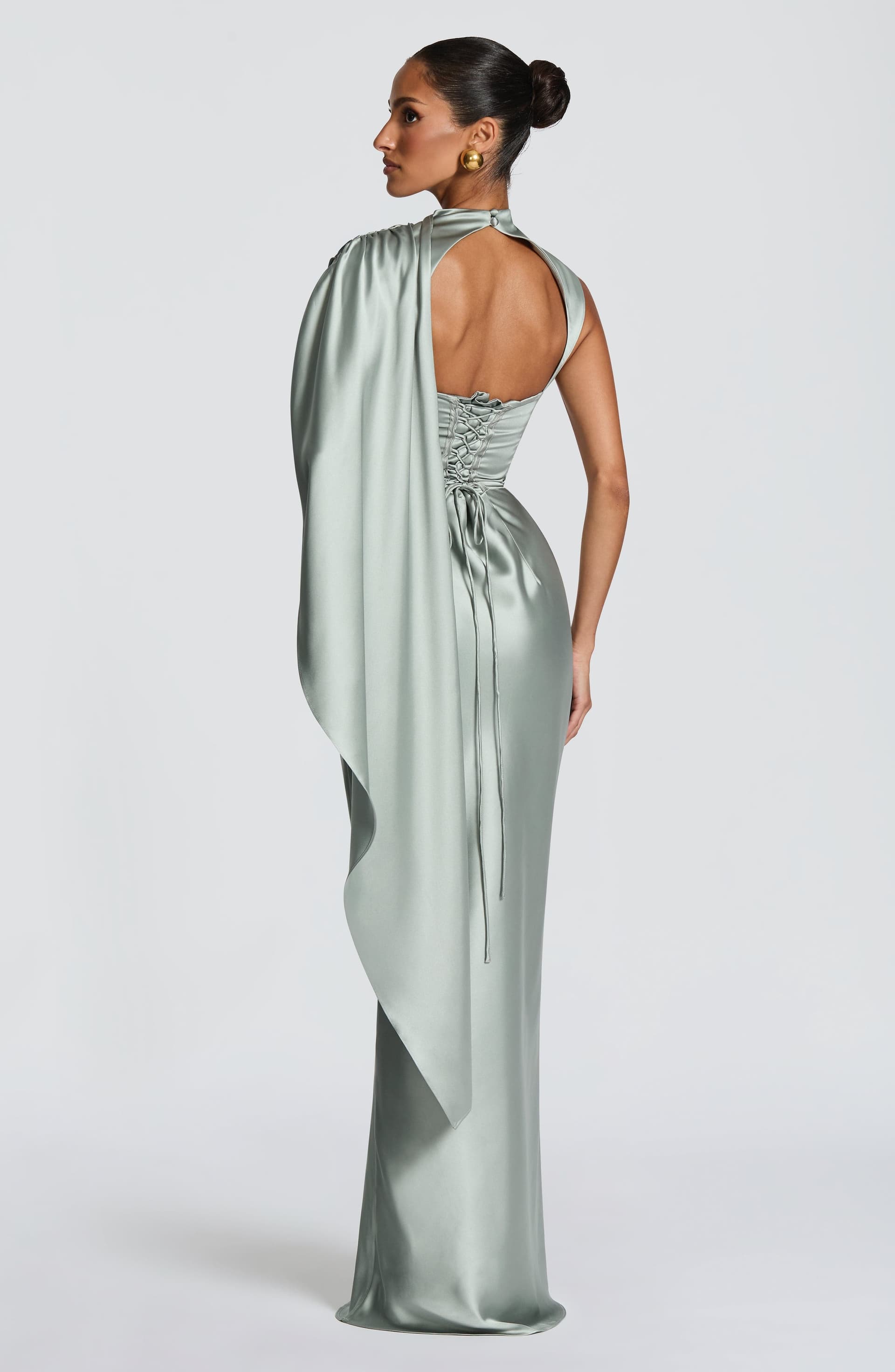 Avendra Maxi Dress - Sage Green Satin High Neck Cape Overlay Lace-Up Back