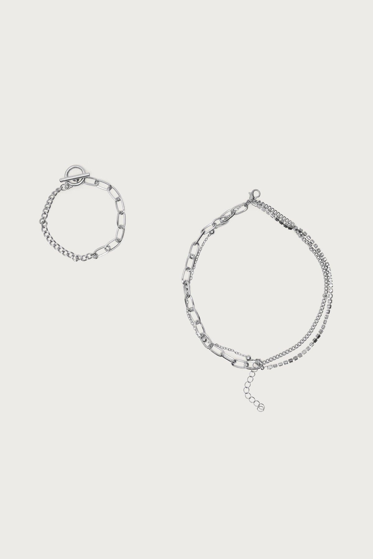 Mixed Chain Layered Bracelet Pack of 2 Silver Tone Metal 6.9 Inch Length