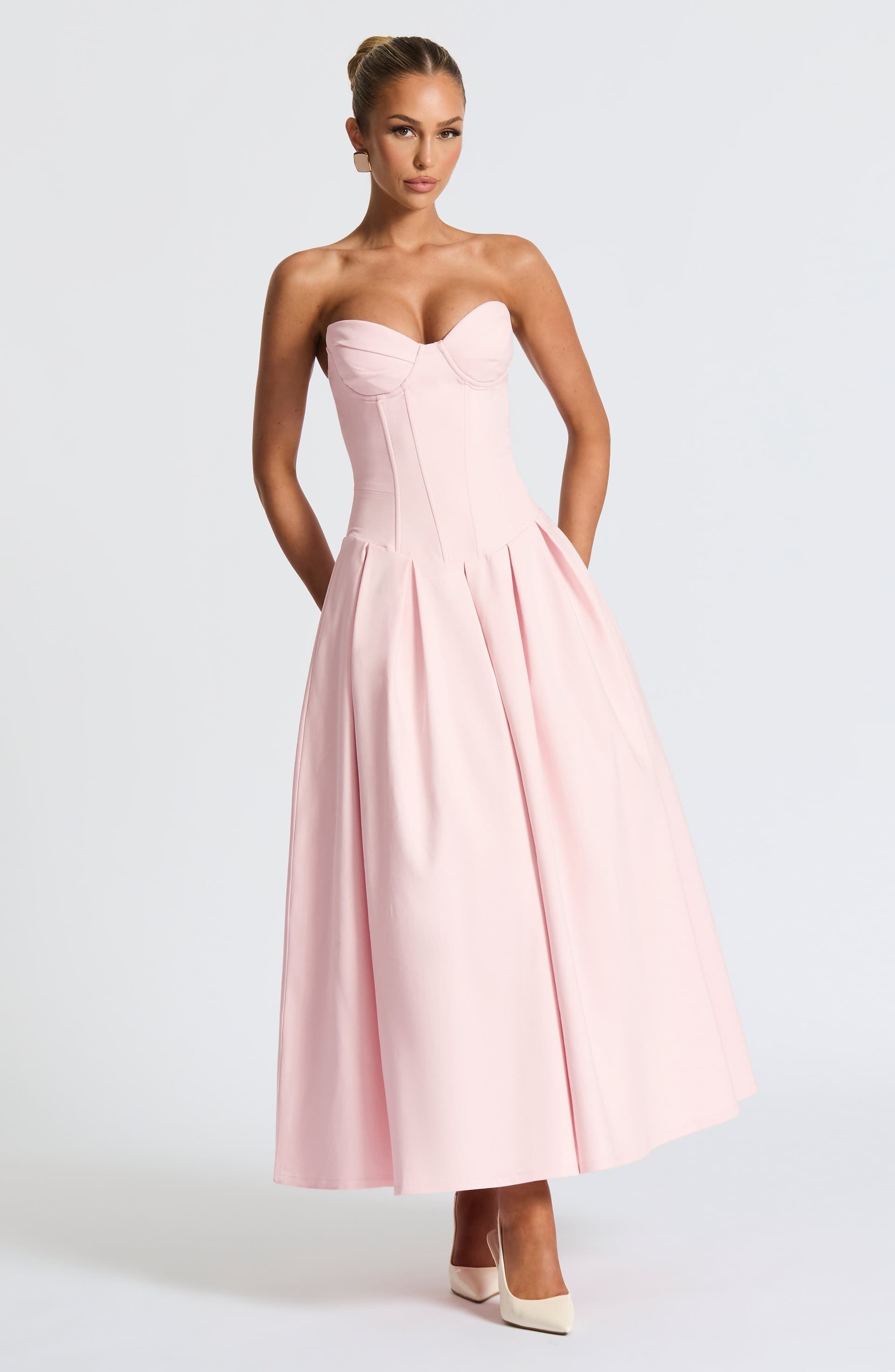 Salma Blush Stretch Bengaline Strapless Midi Dress with Pleated Skirt