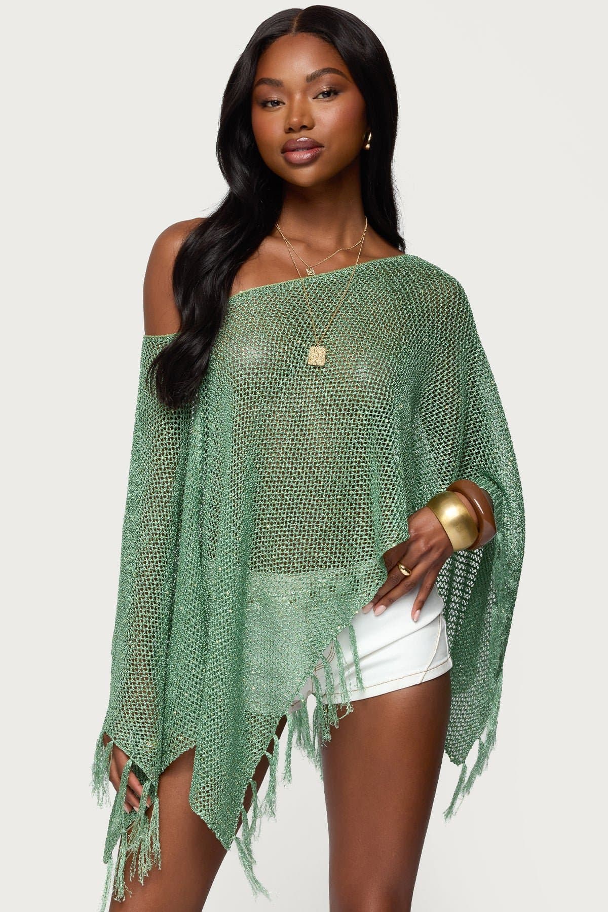 Sequin Fringe Knit Poncho - Boat Neck Open Knit Polyester Fringe Hem
