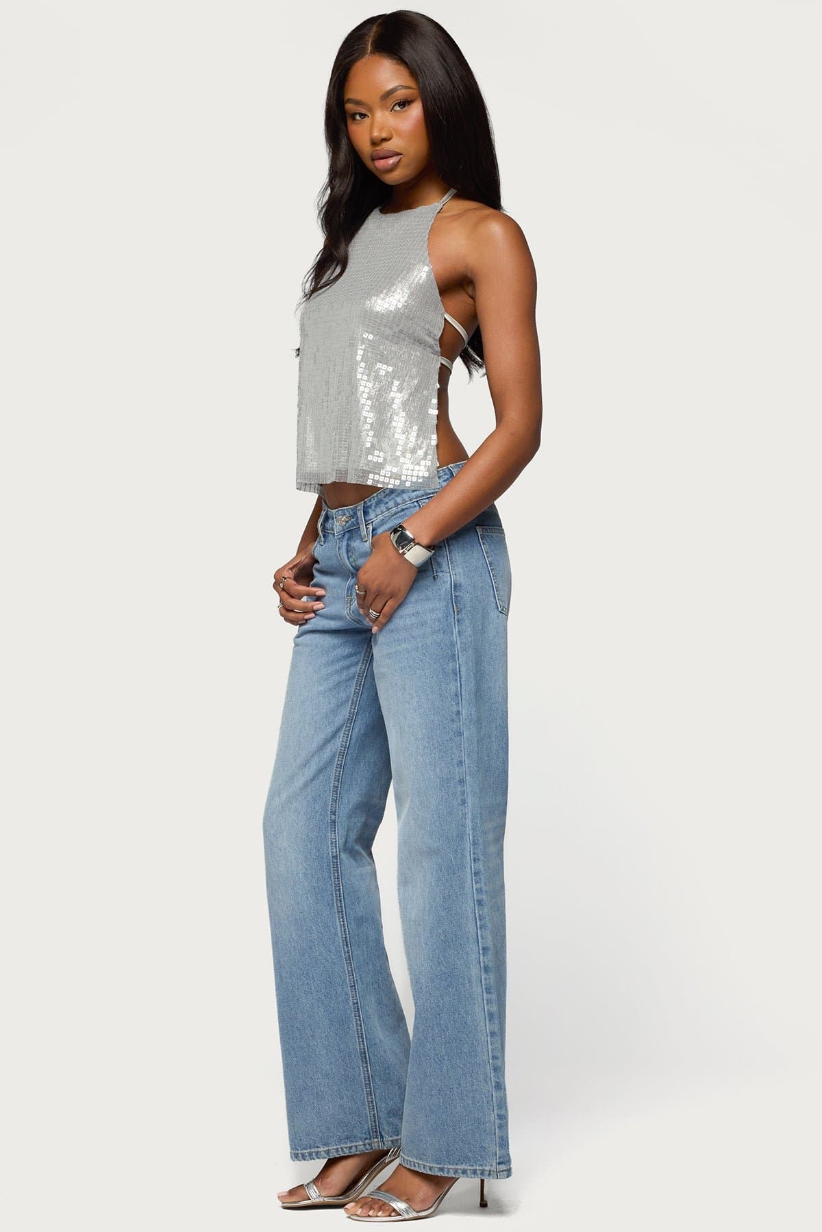 Itara Sequin Backless Halter Top with Open Back and Adjustable Straps