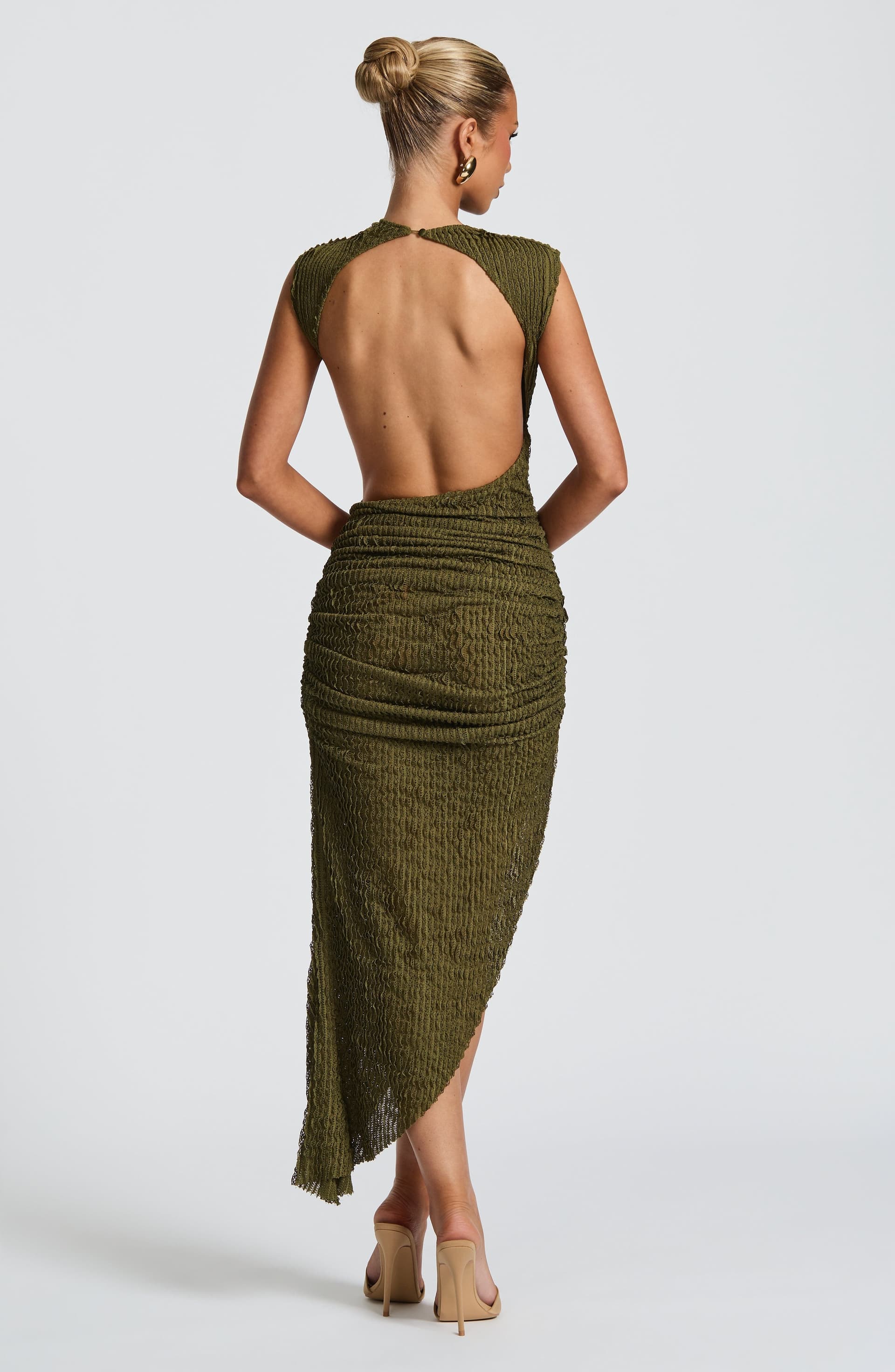 Aphrodite Midi Dress Khaki Olive Textured Fabric High Neck Low Back Cutouts