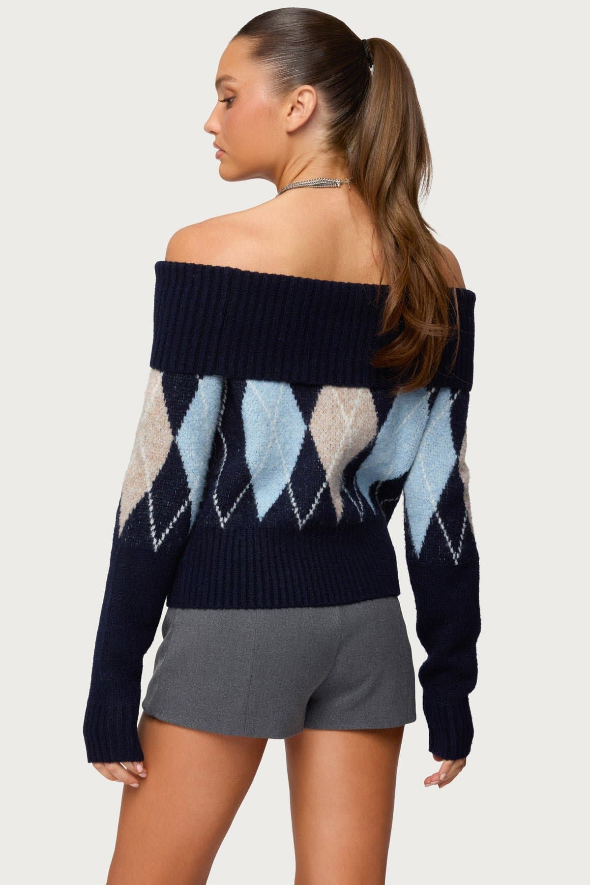 Jakarie Argyle Foldover Off-Shoulder Sweater - Knit Acrylic Polyester Spandex