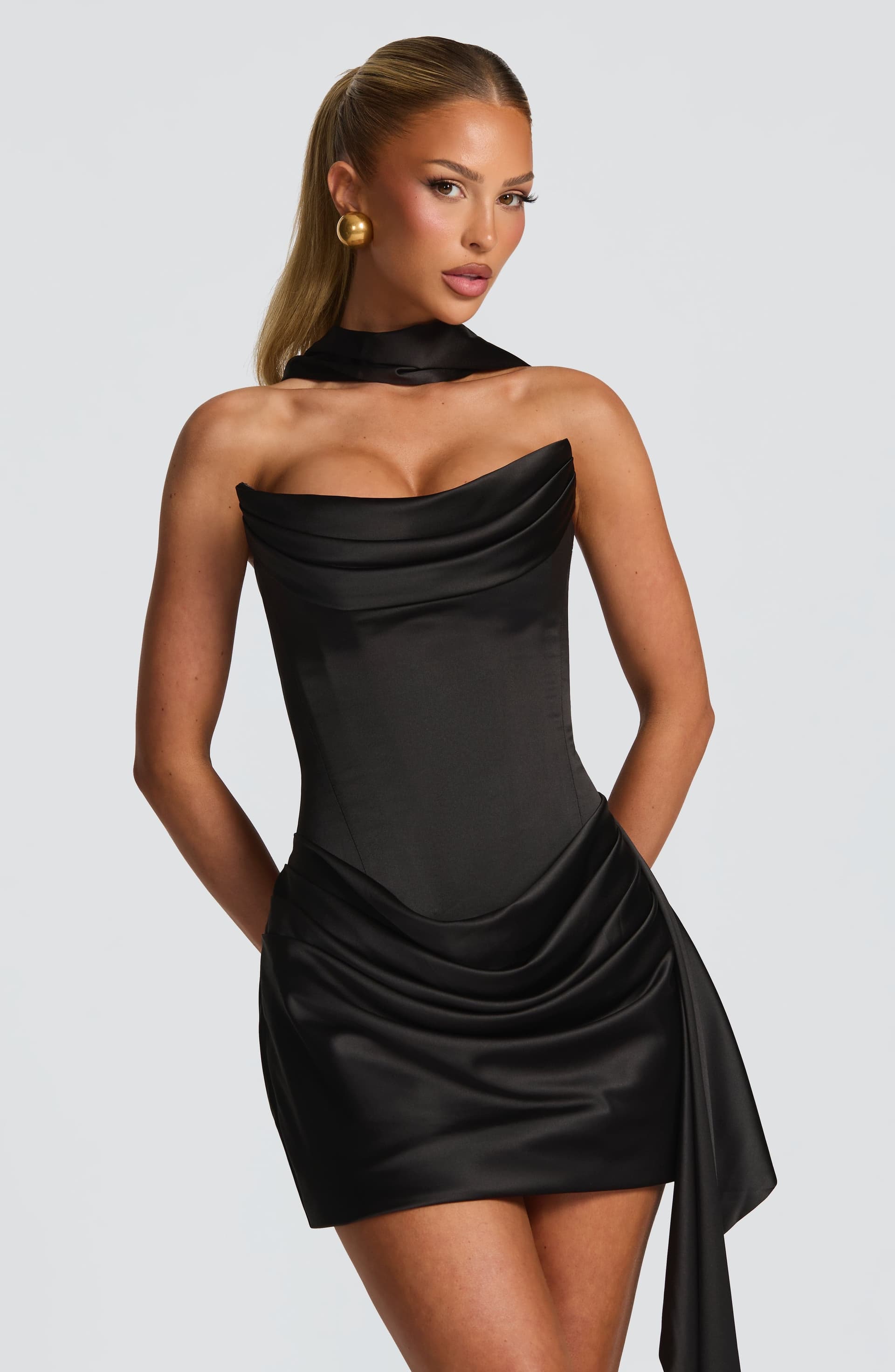 Mona Mini Dress - Black Satin Strapless Pleated Bodice Lace-Up Back