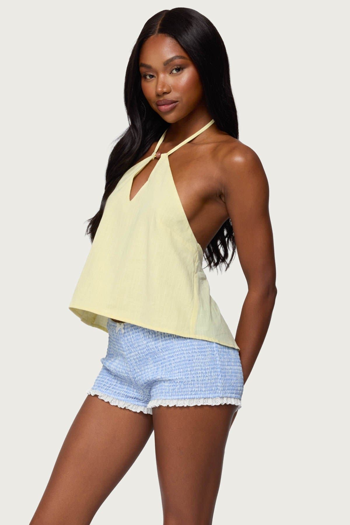 Oliviana Linen Look Halter Top - 100% Cotton with Cutout and Wood Bead Detail