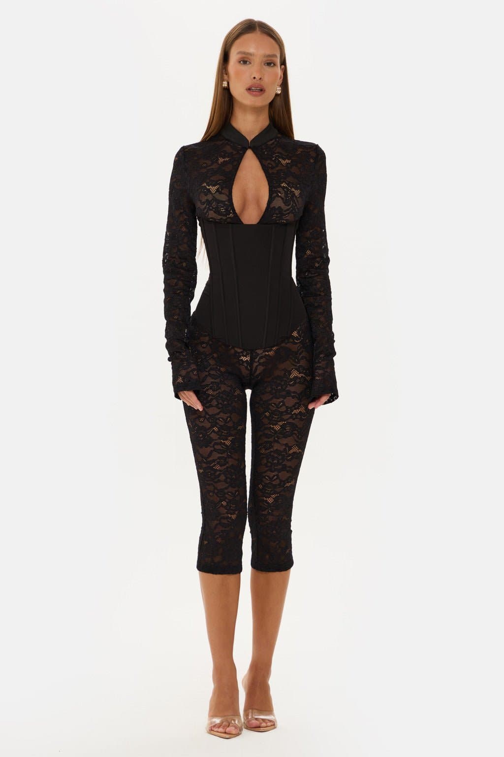 Jagger Long Sleeve Lace Capri Jumpsuit with High Neck and Corset Boning