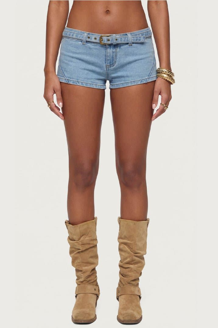 Ciel Low Rise Denim Micro Shorts - Cotton Polyester Spandex with Belt Detail