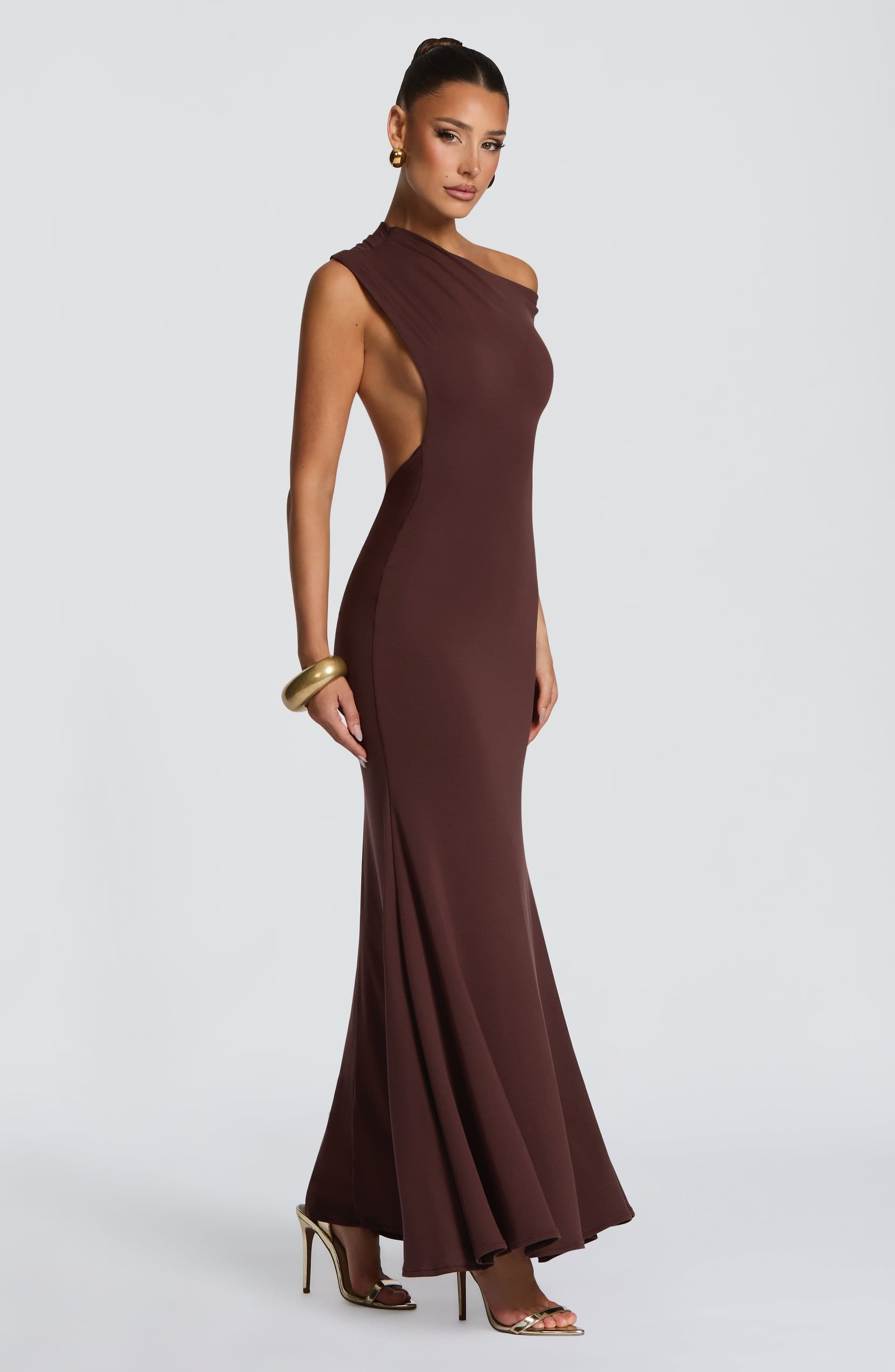 Fiora Maxi Dress in Plum Brown - Asymmetric Neckline Open Back Modal Jersey