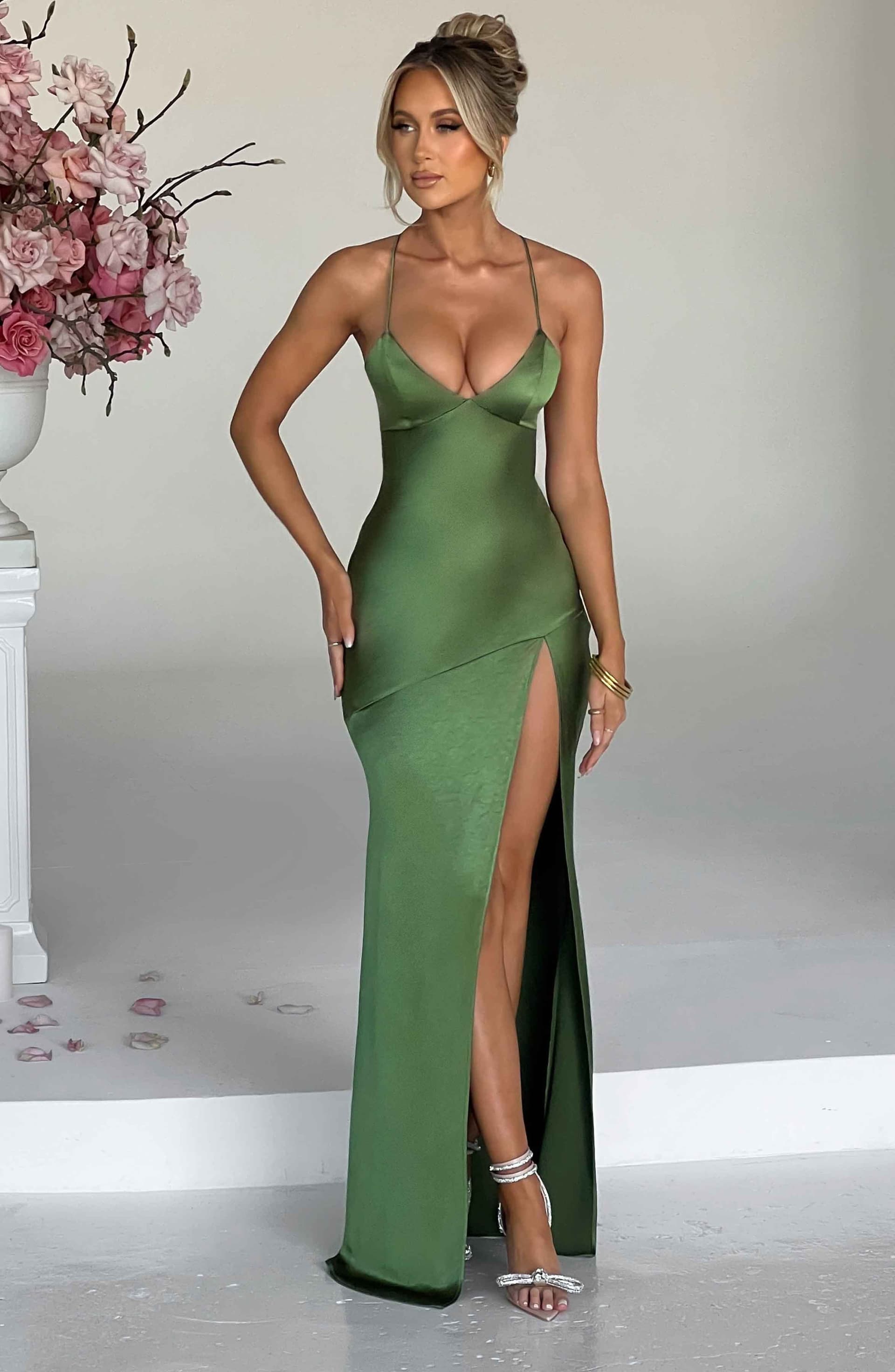 Isobel Maxi Dress - Emerald Satin Bias Cut Plunge Neck Thigh Split