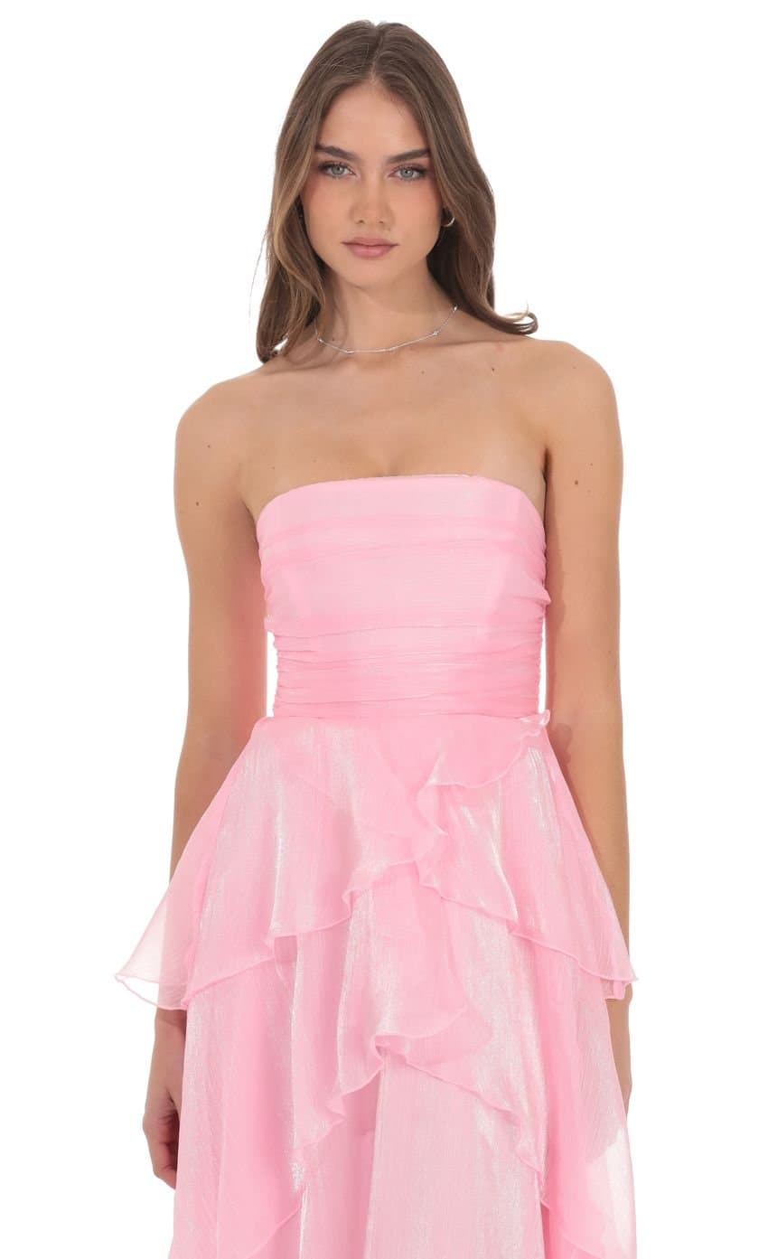 Corset Petal Ruffle Strapless Maxi Dress in Pink