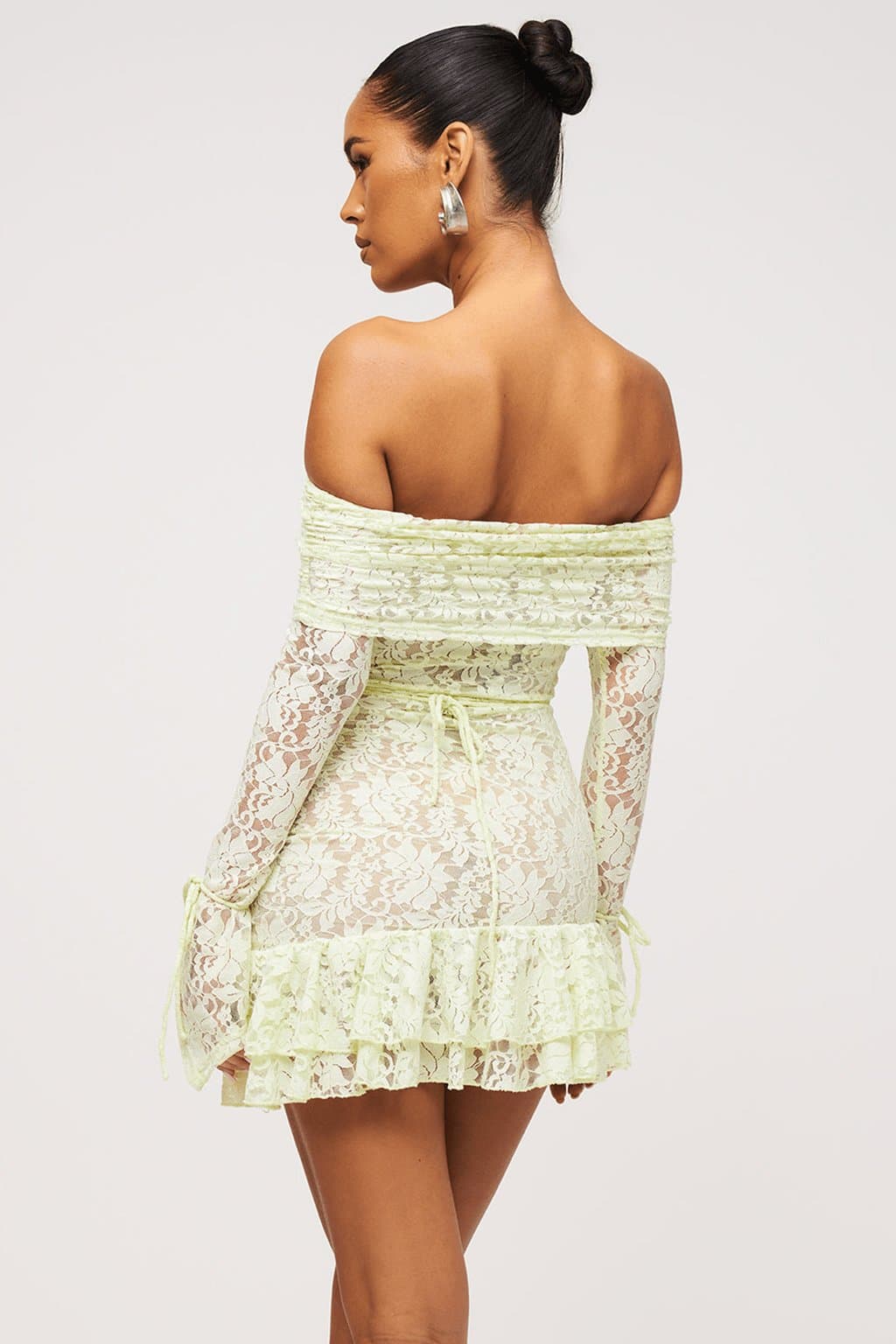 Seafoam Lace Bardot Mini Dress - Tiered Skirt, Full Length Fluted Sleeves, Bodycon Fit